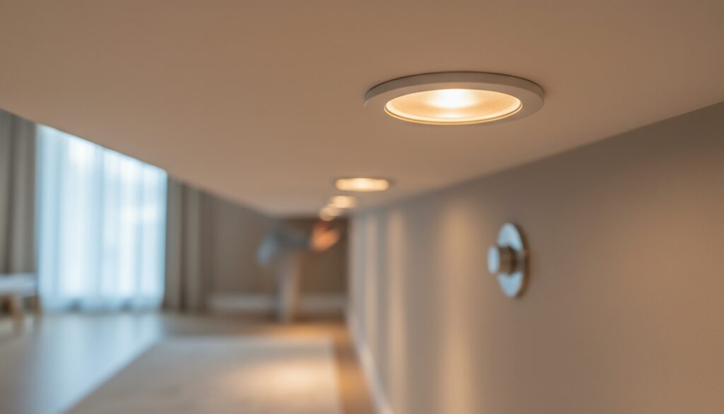 Moderne dimmbare Spots in weißer Decke, warmes LED-Licht, Nahaufnahme mit Hand am Dimmer, gemütliche Stimmung