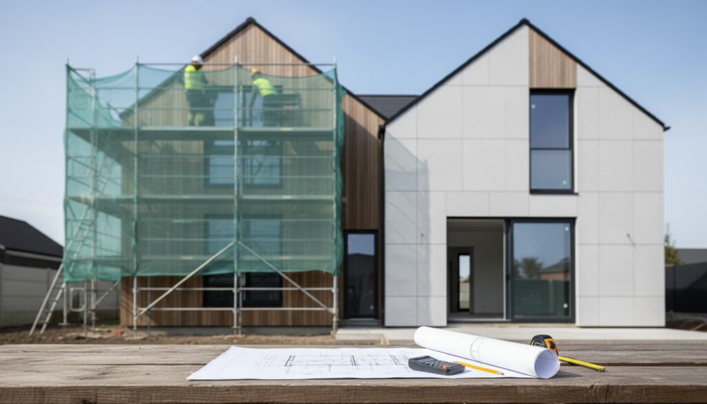 Modernes Einfamilienhaus modernisieren: Gerüst an einer Seite, frische Fassade, Baupläne und Taschenrechner im Vordergrund