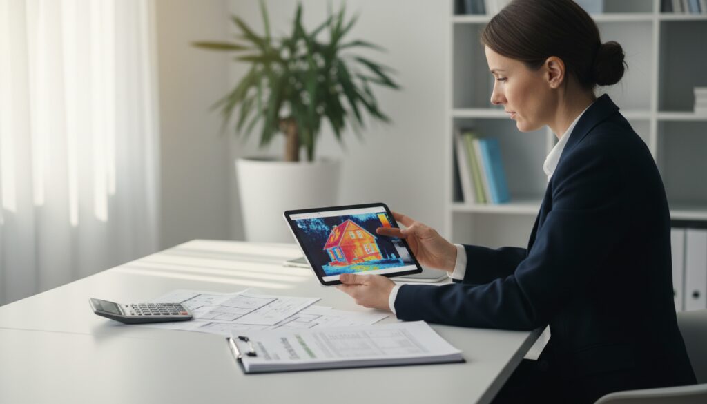 Moderner Energieberater prüft Thermografiebericht eines Hauses auf Tablet — Energieberatung 2026, im hellen Büro