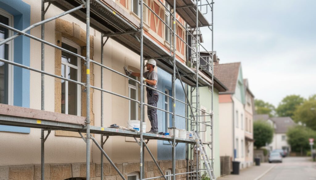 Hausfassade bei Fassadenrenovierung: Geruest, Handwerker trägt frischen Putz bei Tageslicht