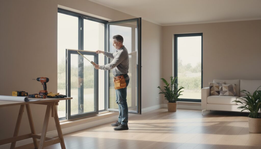 Handwerker misst und montiert ein energieeffizientes Fenster im Wohnzimmer; Fenster austauschen Kosten beachten