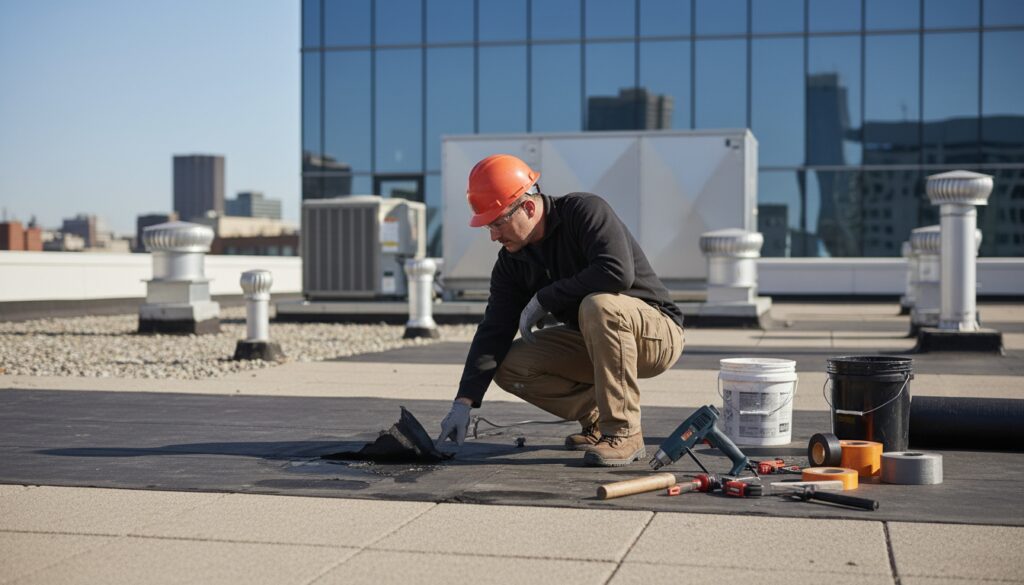 Professionelles Bild einer Flachdach Reparatur, Handwerker prüft defekte Dachmembran auf modernem Bürodach, Werkzeuge sichtbar.