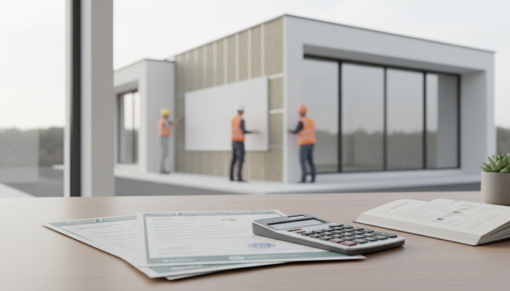 Modernes Haus mit Außenwärmedämmung, Energieausweis und Rechner auf Tisch – Fördermittel für energetische Sanierung 2026