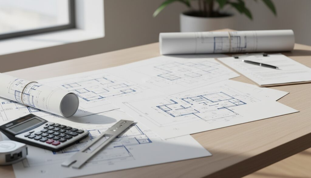 Hausbau Planung: Architektenpläne, Taschenrechner und Messwerkzeuge auf Holzschreibtisch mit Checkliste