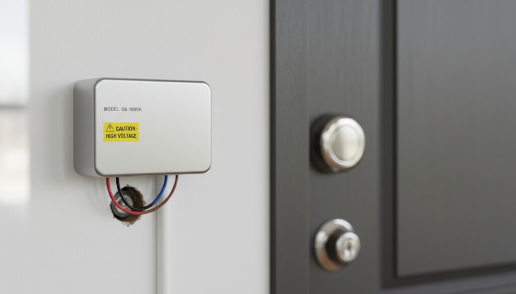 Moderner Klingeltrafo an weisser Wand neben Tuerrahmen, sichtbare Kabel mit Sicherheitsetiketten