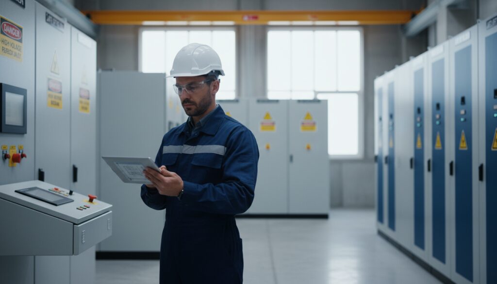 Elektriker prüft Tablet vor Mittelspannung-Schaltanlagen in moderner Anlage, Fokus auf Sicherheit und Normen.