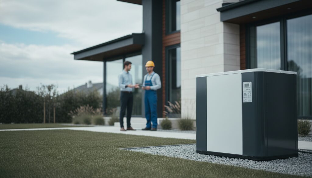 Moderne Wärmepumpe vor Einfamilienhaus, Techniker im Gespräch mit Hauseigentümer bei Tageslicht