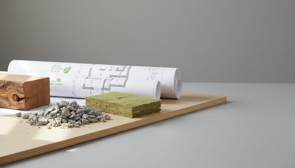 Architekten-Schreibtisch mit Holzträgern, recyceltem Beton und Plänen für nachhaltiges Bauen.