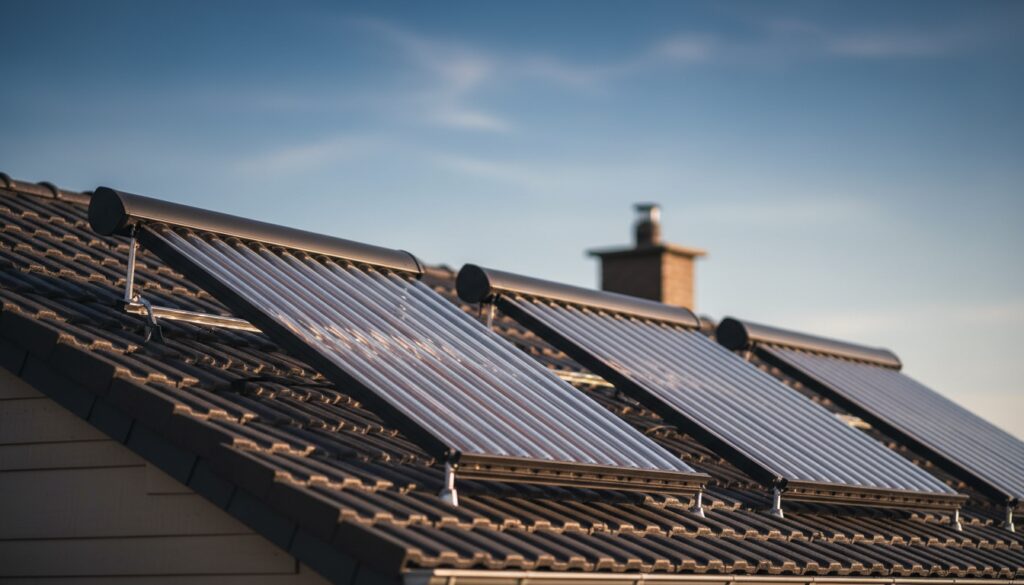 Detailaufnahme einer modernen Solarthermie Anlage auf einem Wohnhausdach mit Kollektoren, Rohren und Sonnenreflexion.