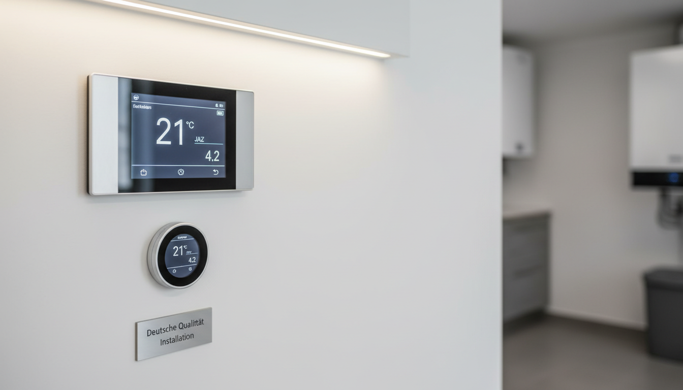 Wärmepumpe Bedienfeld: Smart Control und Effizienz Nahaufnahme eines digitalen Thermostats und Bedienfelds einer Wärmepumpe, Display zeigt Temperatur und Effizienzdaten