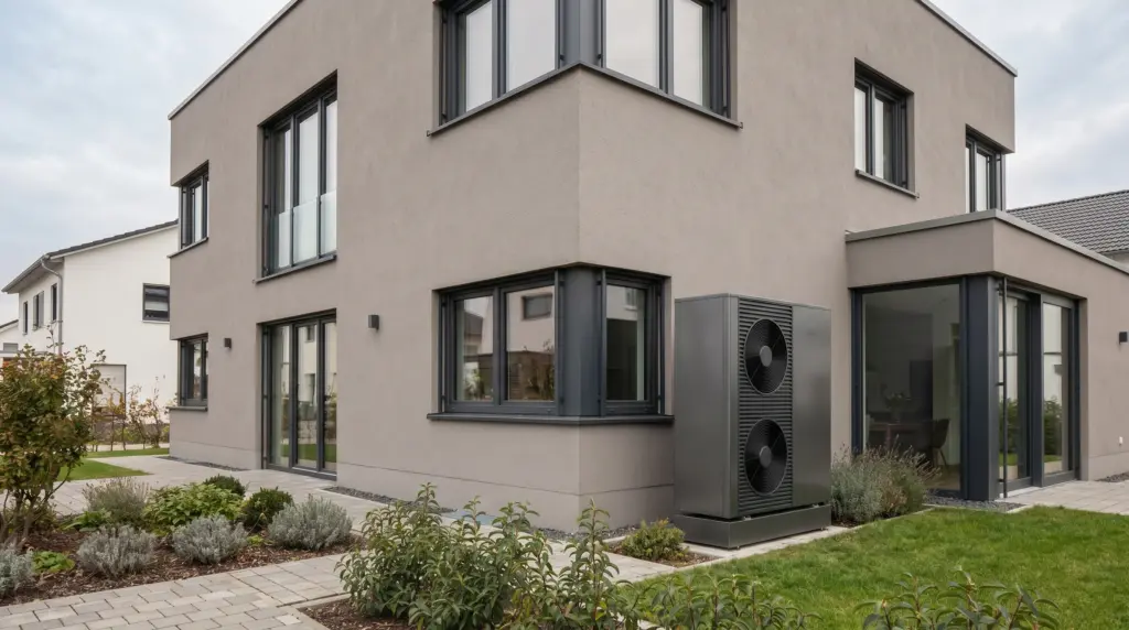 Wärmepumpe Vergleich – moderne Luft-Wasser-Wärmepumpe an einem Einfamilienhaus