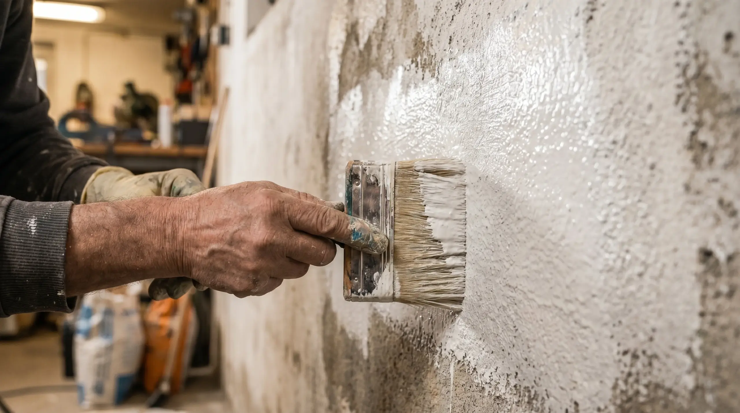 Kellerabdichtung von innen – Handwerker trägt Sperrputz auf feuchte Kellerwand auf