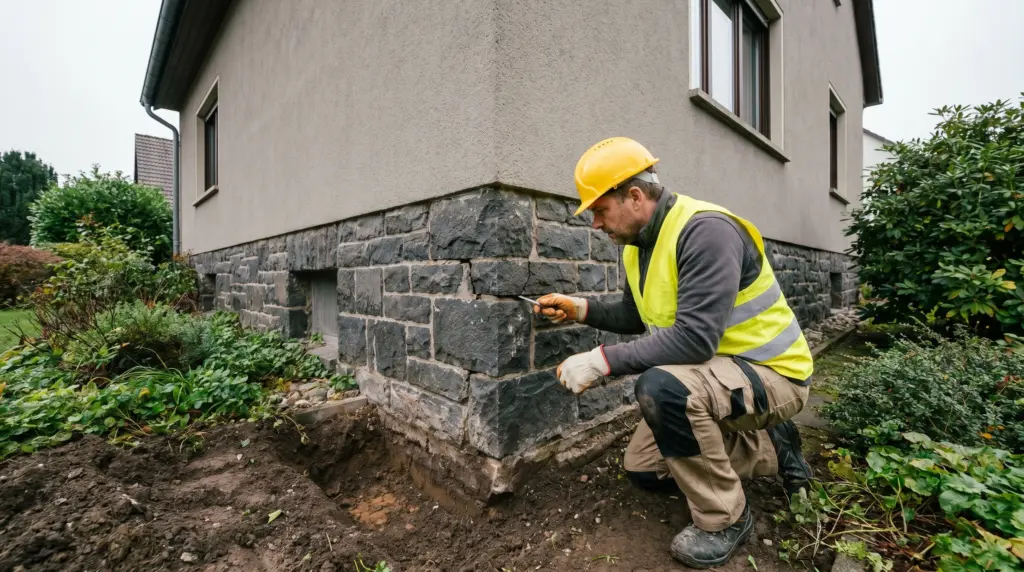 Keller sanieren Feuchtigkeit – Fachmann prüft Kellerwand und Fundament von außen