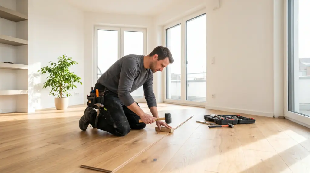 Laminat verlegen Anleitung – Handwerker verlegt Laminatboden in modernem Wohnzimmer