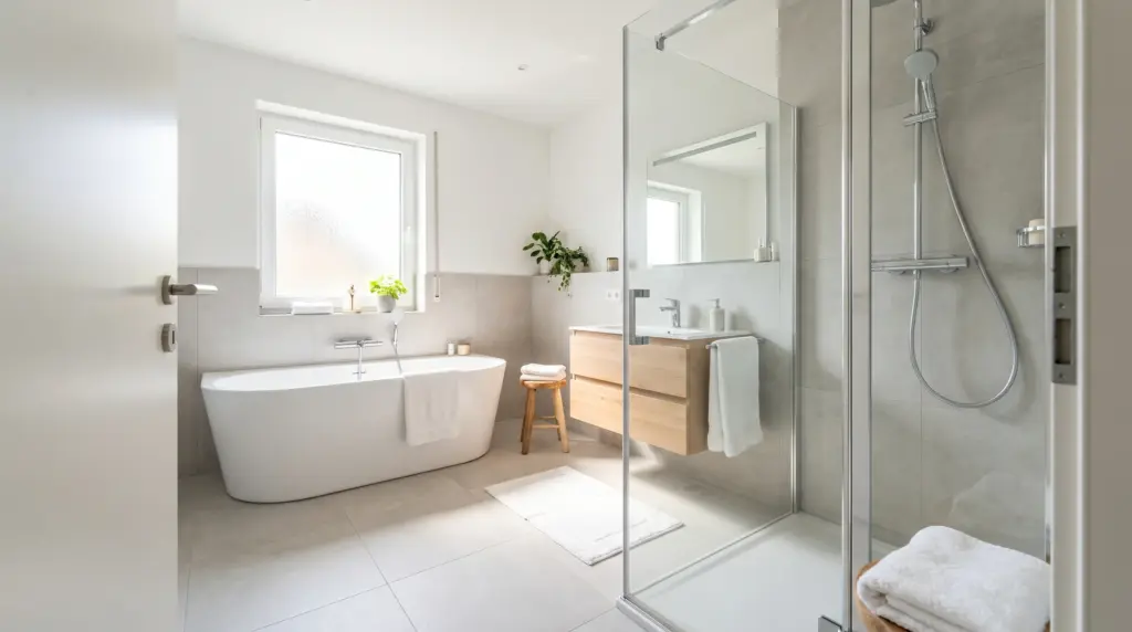 Bad renovieren Kosten 2026 – modernes renoviertes Badezimmer mit hochwertigen Fliesen und Armaturen