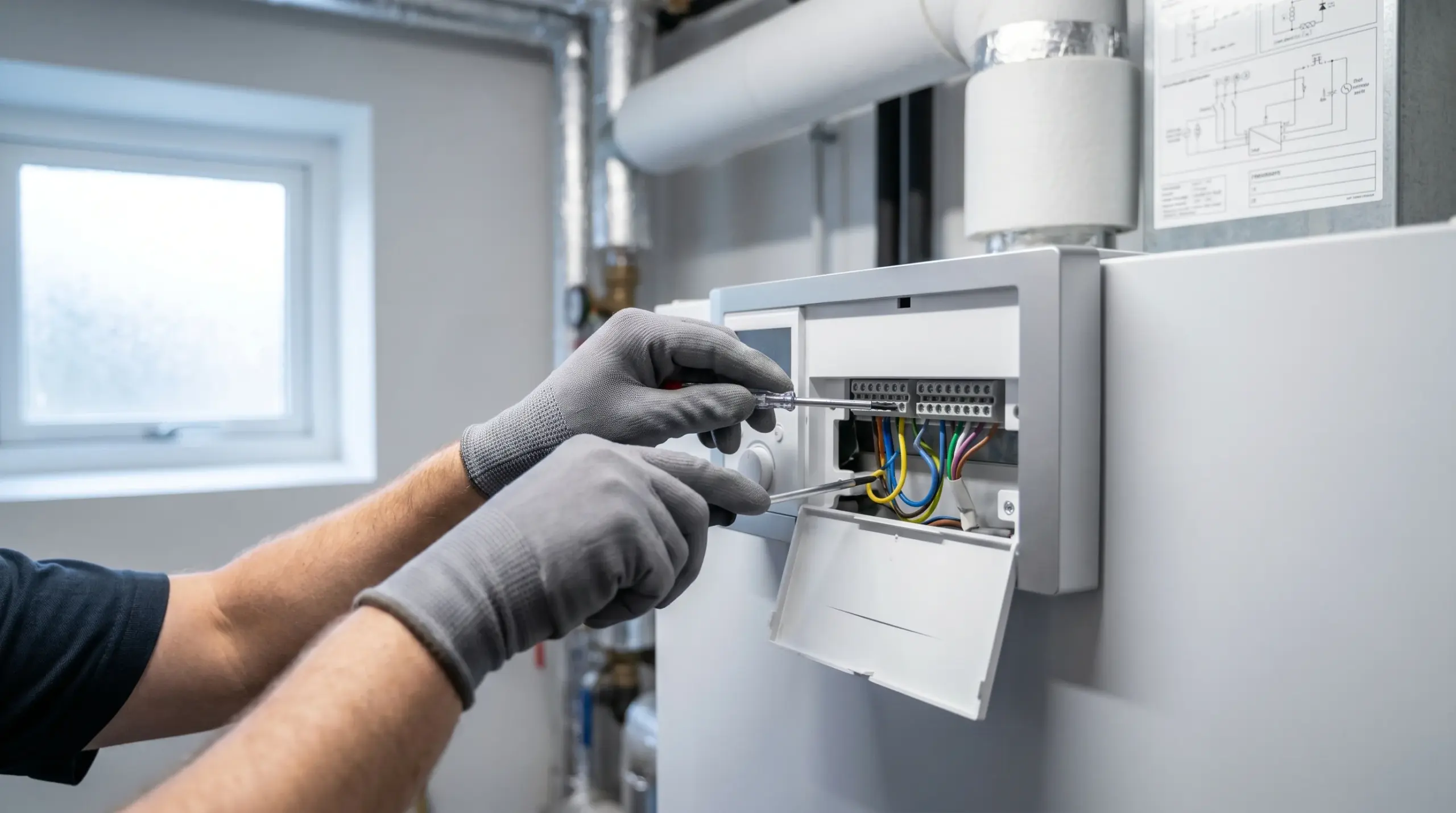 KfW Förderung 2026 – Heizungstechniker installiert moderne Wärmepumpensteuerung