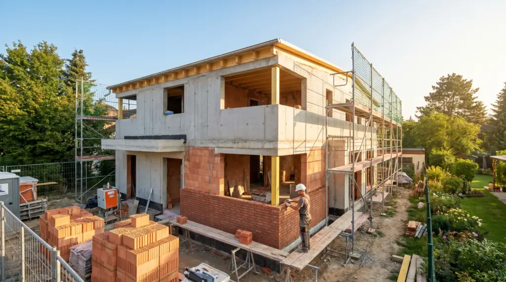 Hausbau Kosten 2026: Maurer verlegt Ziegel beim Rohbau eines Einfamilienhauses