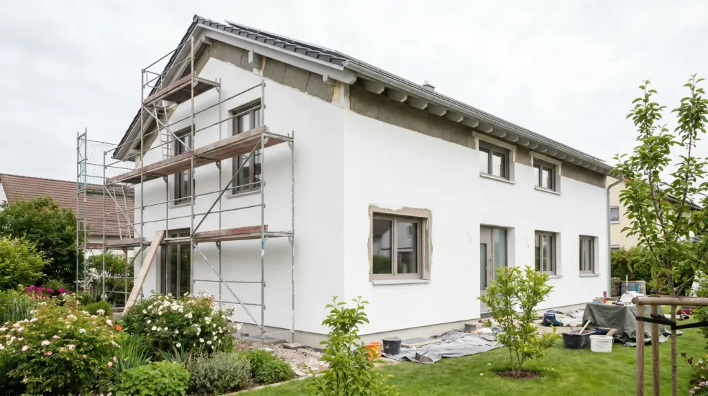 Fassadendämmung Kosten 2026 – frisch gedämmtes Einfamilienhaus mit WDVS