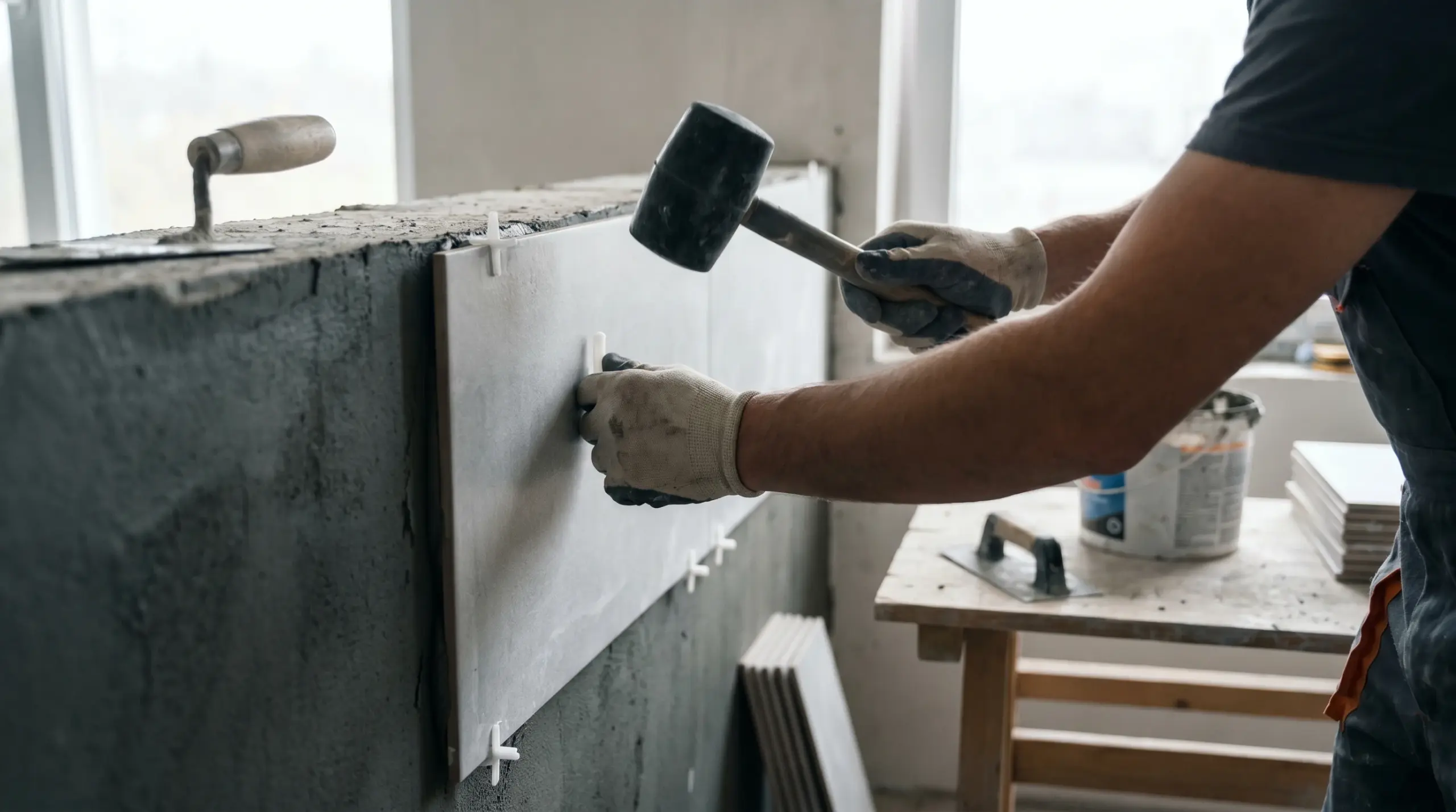 Fliesenleger verlegt Fliesen beim Bad renovieren – professionelle Handwerksarbeit