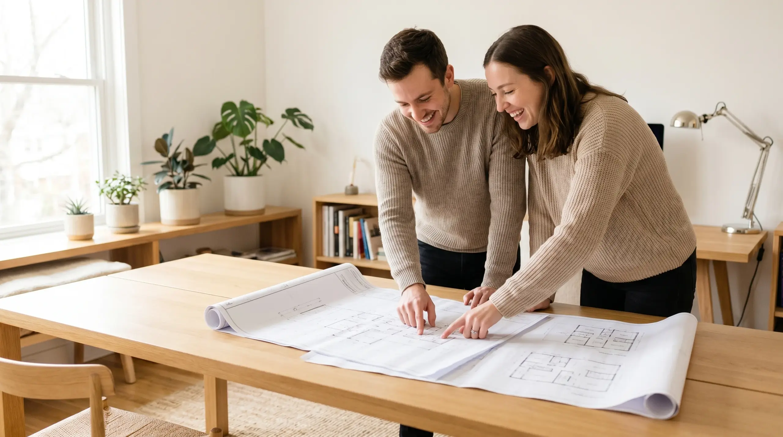 Hausbau Kosten planen: Junges Paar studiert Baupläne und Grundrisse am hellen Tisch