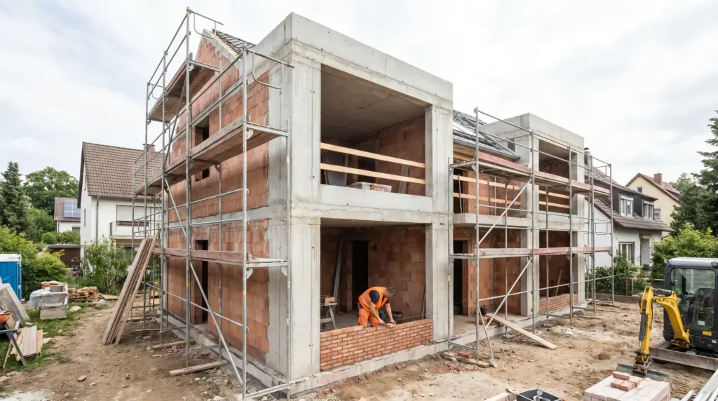Hausbau Kosten 2026: Einfamilienhaus im Rohbau mit Maurer bei der Arbeit