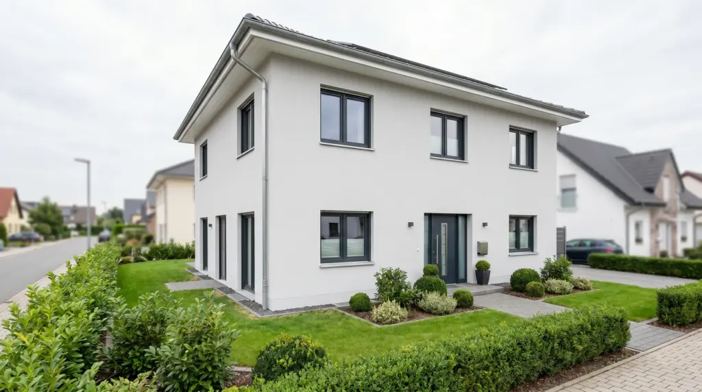 Fassadendämmung Kosten – frisch gedämmtes Einfamilienhaus mit hellem WDVS-Außenputz