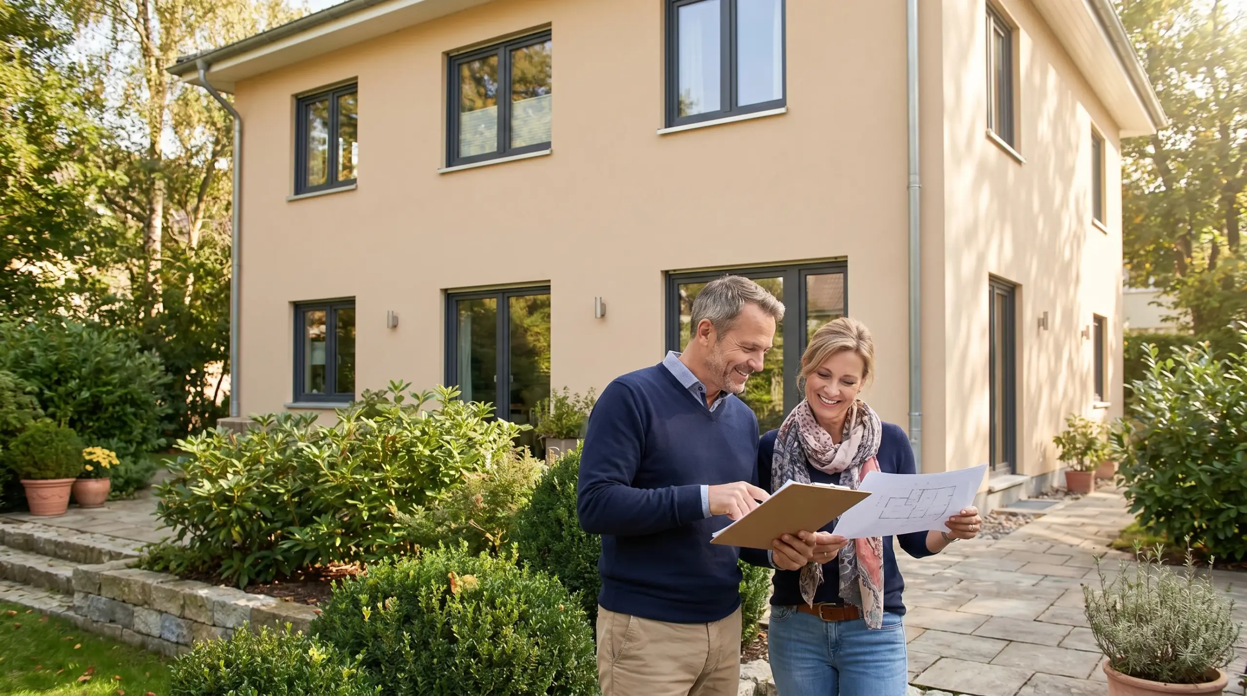 Energieausweis beantragen – zufriedene Hauseigentümer vor renoviertem Einfamilienhaus