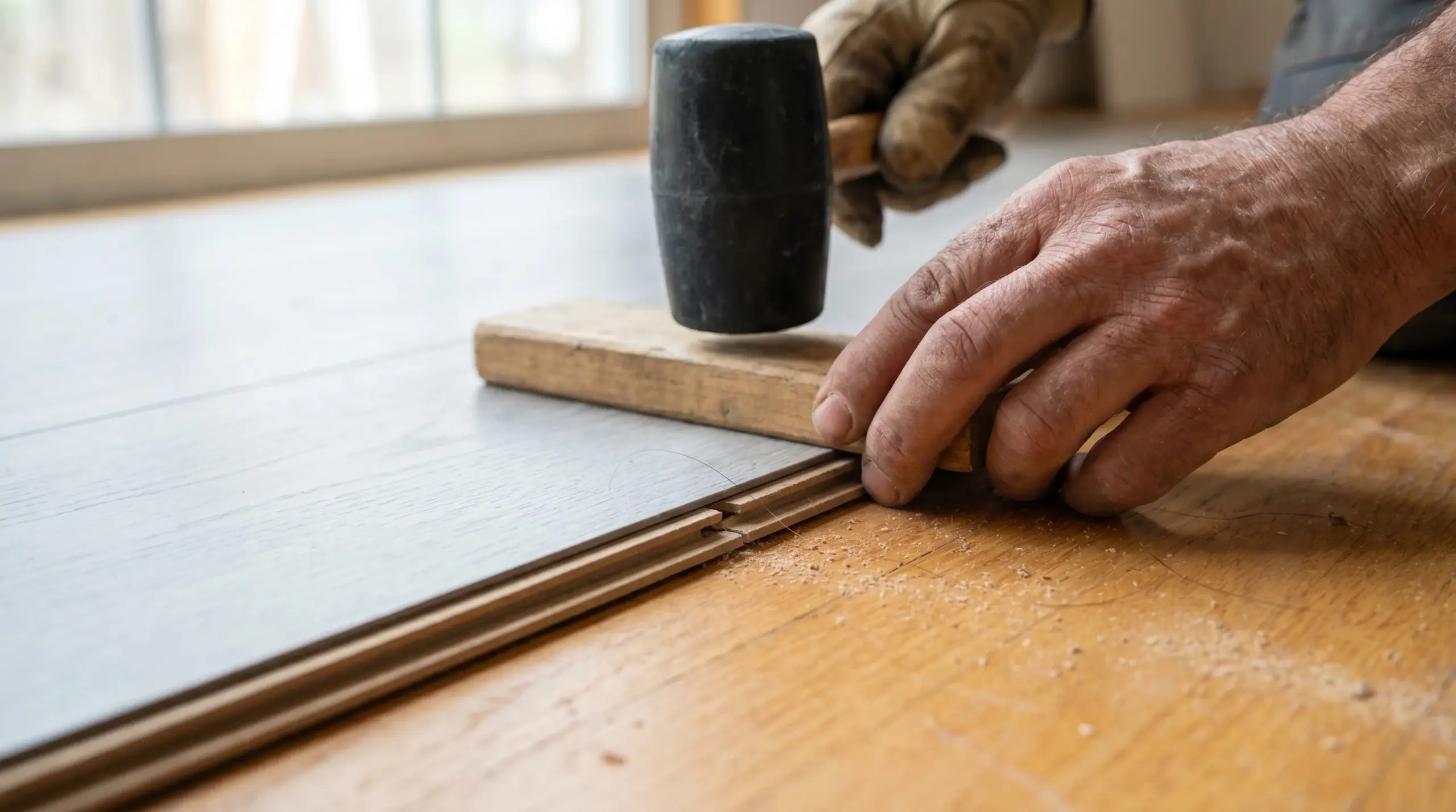 Laminat verlegen Anleitung – Handwerker klickt Laminatdielen präzise ein