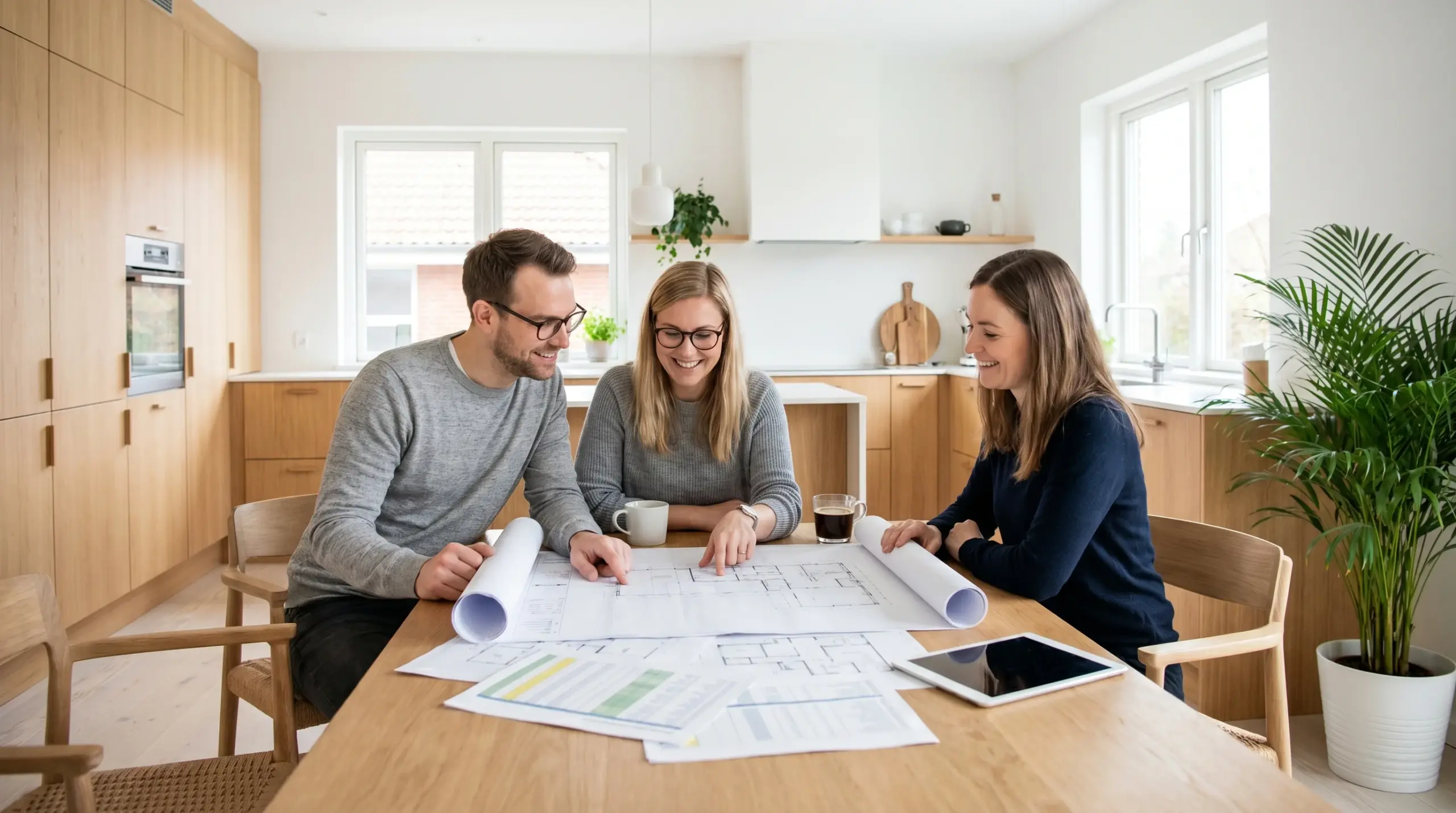 Hausbau Kosten planen: Ehepaar bespricht Bauplanung und Budget mit Architekt