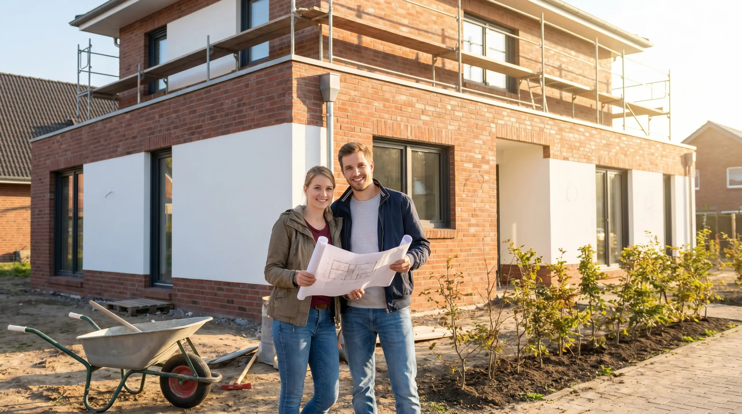 Hausbau Finanzierung – glückliches Paar vor fertigem Neubau mit Bauplänen
