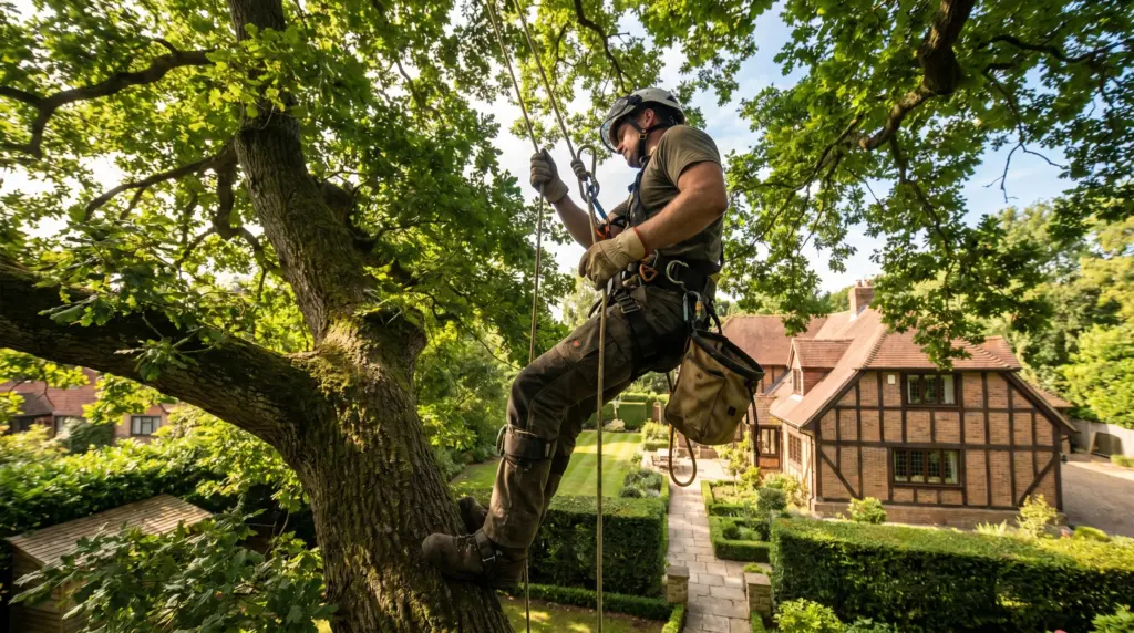 Baumpflege Kosten – professioneller Baumpfleger mit Seilklettertechnik in einem großen Baum