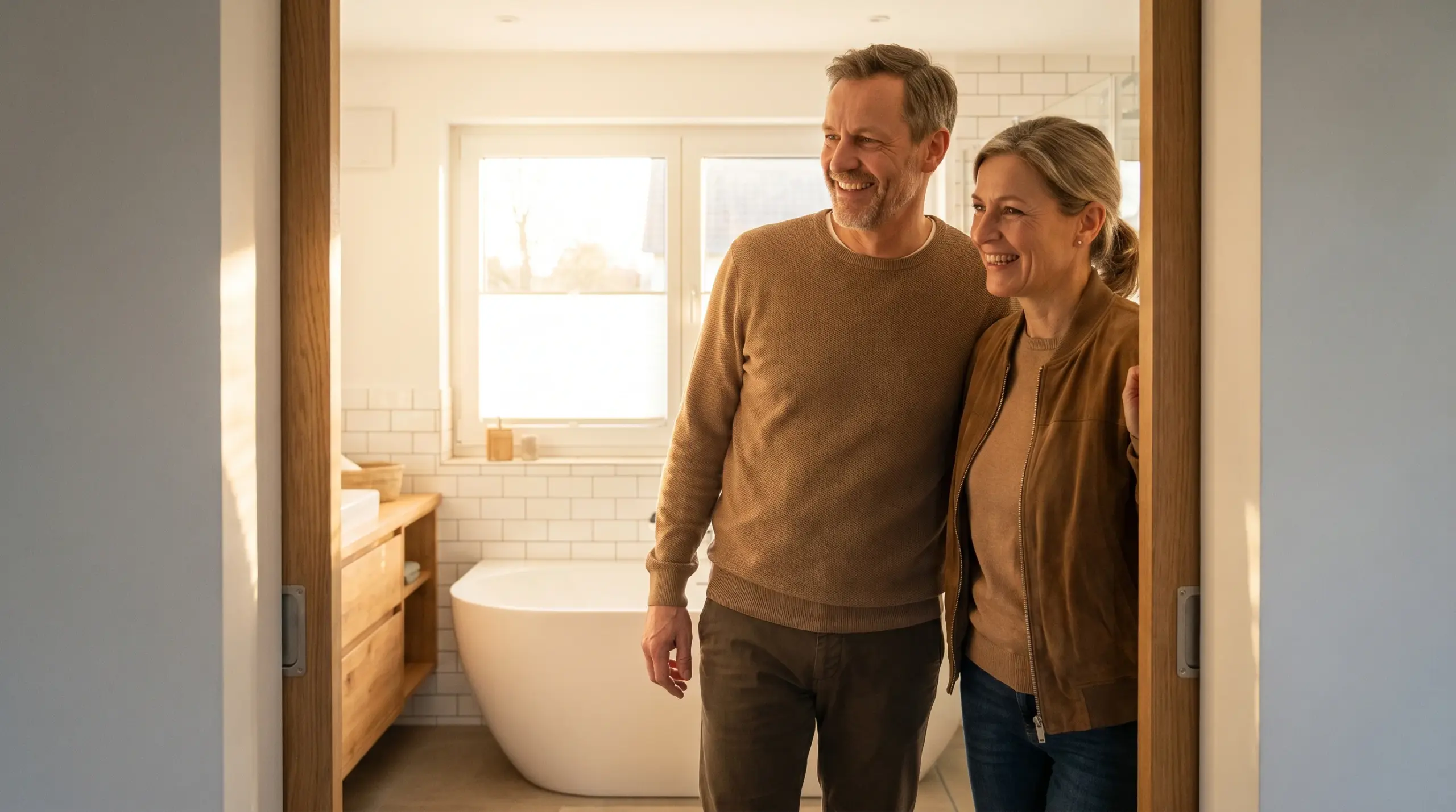Bad renovieren Kosten – zufriedene Hausbesitzer begutachten ihr frisch renoviertes Badezimmer