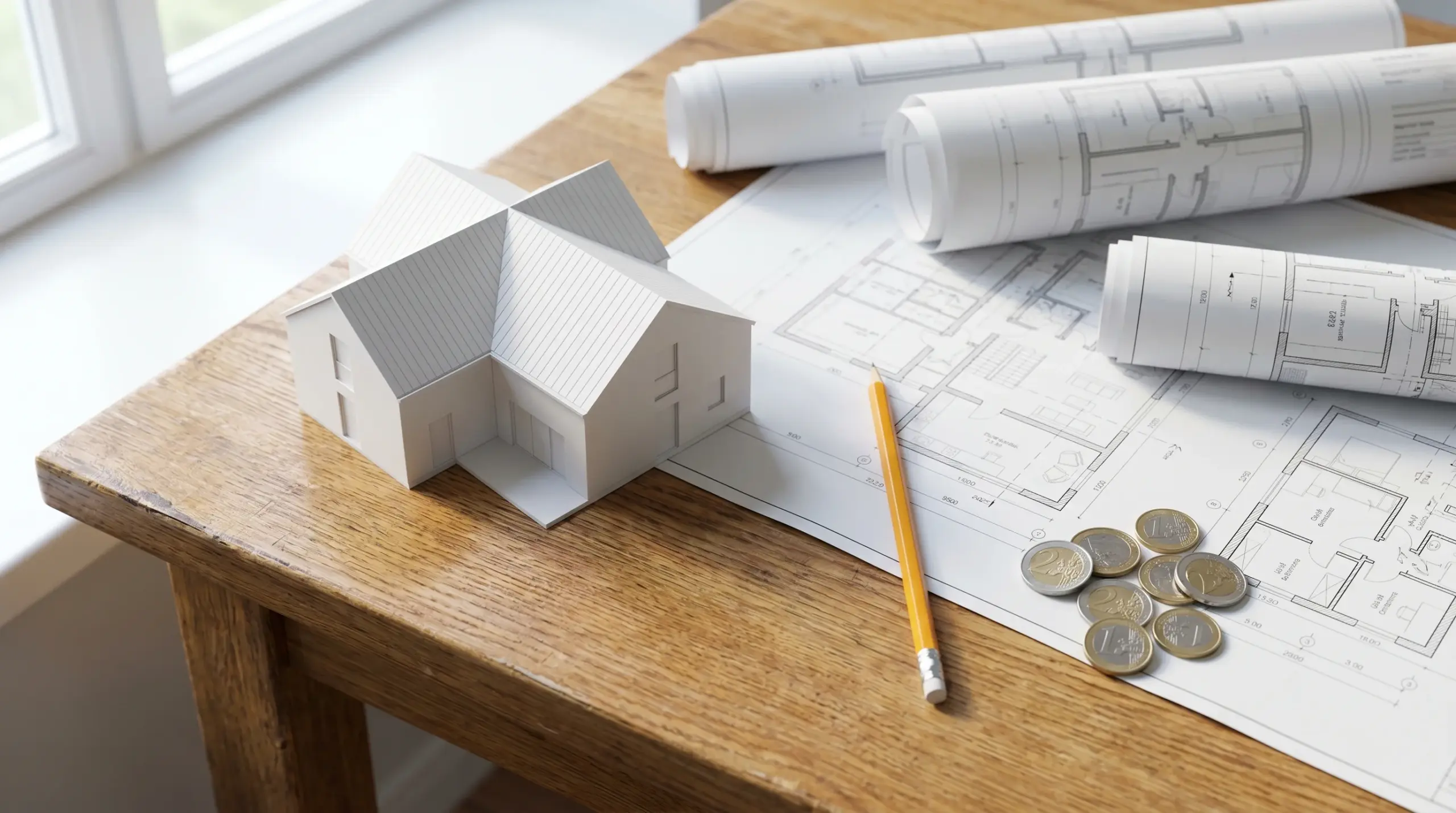 Hausbau Finanzierung – Hausmodell mit Bauplänen und Münzen auf Holztisch
