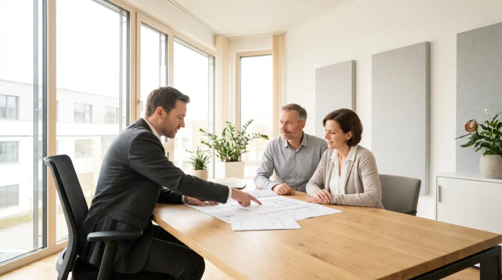 Hausbau Finanzierung – Berater erklärt Baufinanzierung an Bauplänen