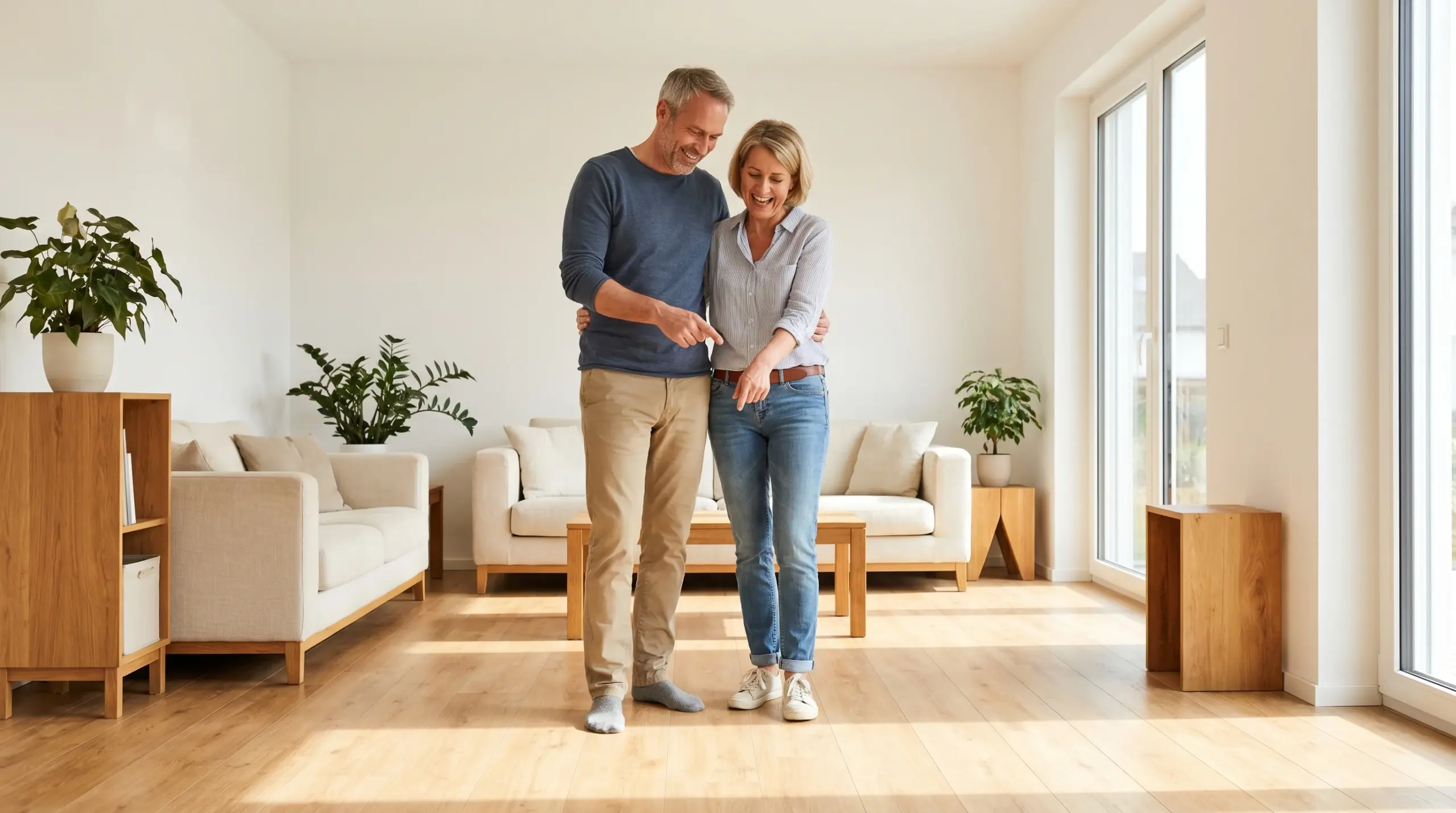 Laminat verlegen Anleitung – Zufriedenes Paar im fertig renovierten Wohnzimmer mit neuem Laminatboden