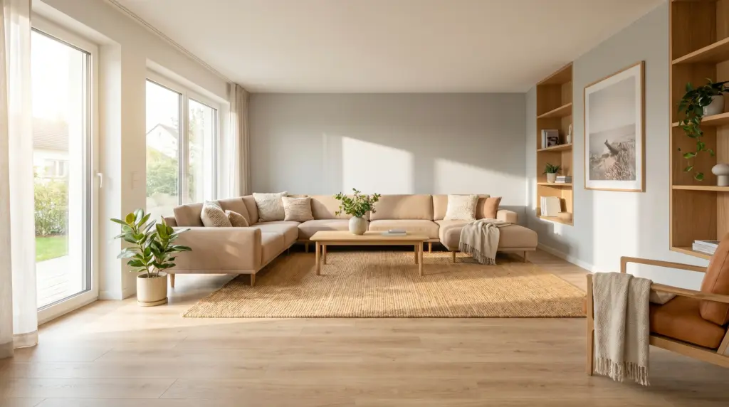 Laminat verlegen Anleitung – modernes Wohnzimmer mit frisch verlegtem Eichenoptik-Laminat
