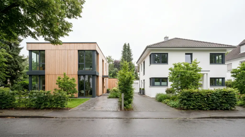 Fertighaus vs. Massivhaus – zwei Häuser im Vergleich: Holzrahmenbau links, Massivbau rechts