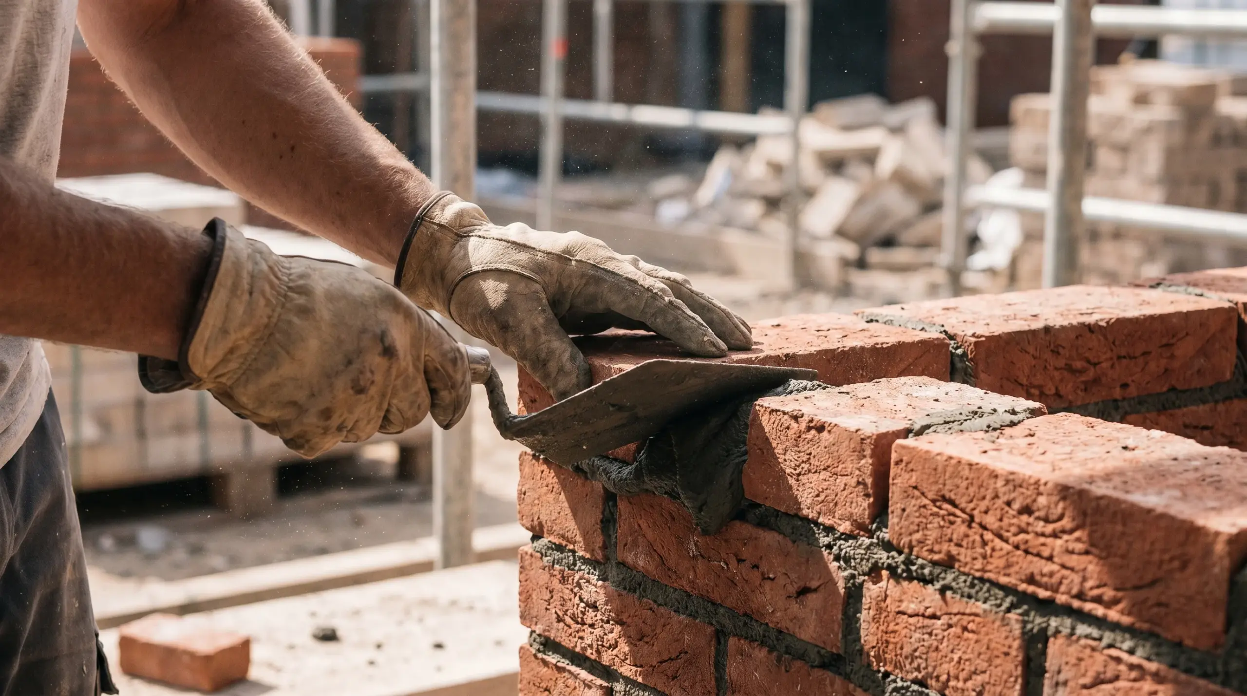 Hausbau Kosten: Nahaufnahme professioneller Mauerwerksarbeiten mit Kelle und Mörtel