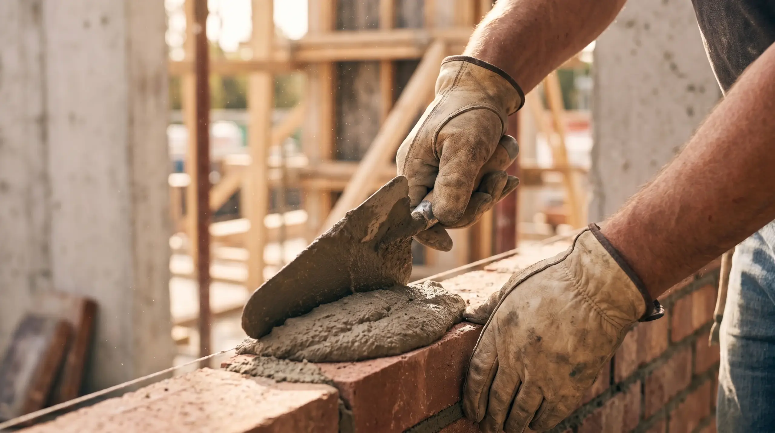Hausbau Kosten: Nahaufnahme Handwerkerhände beim Auftragen von Mörtel – Profi-Qualität im Hausbau