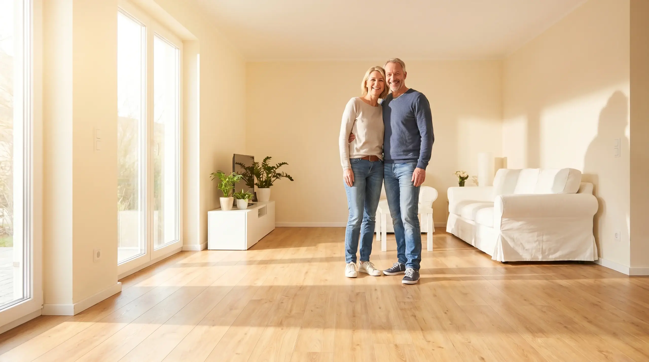 Laminat verlegen Anleitung – zufriedene Hausbesitzer im frisch renovierten Wohnzimmer
