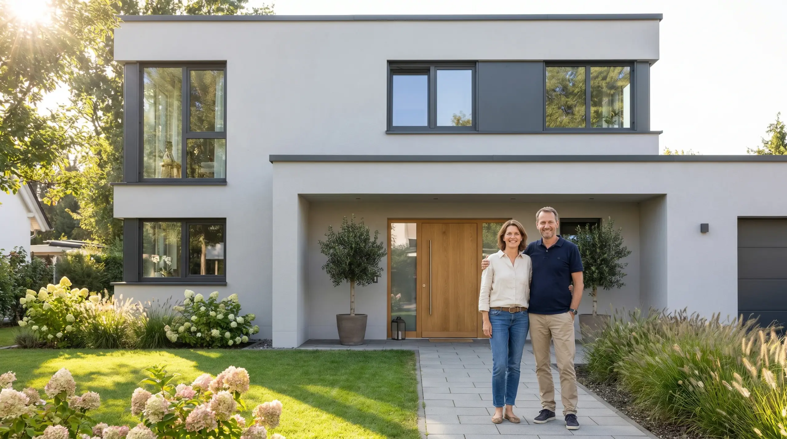 Ehepaar vor fertigem Neubau – Hausbau Kosten 2026 gut geplant