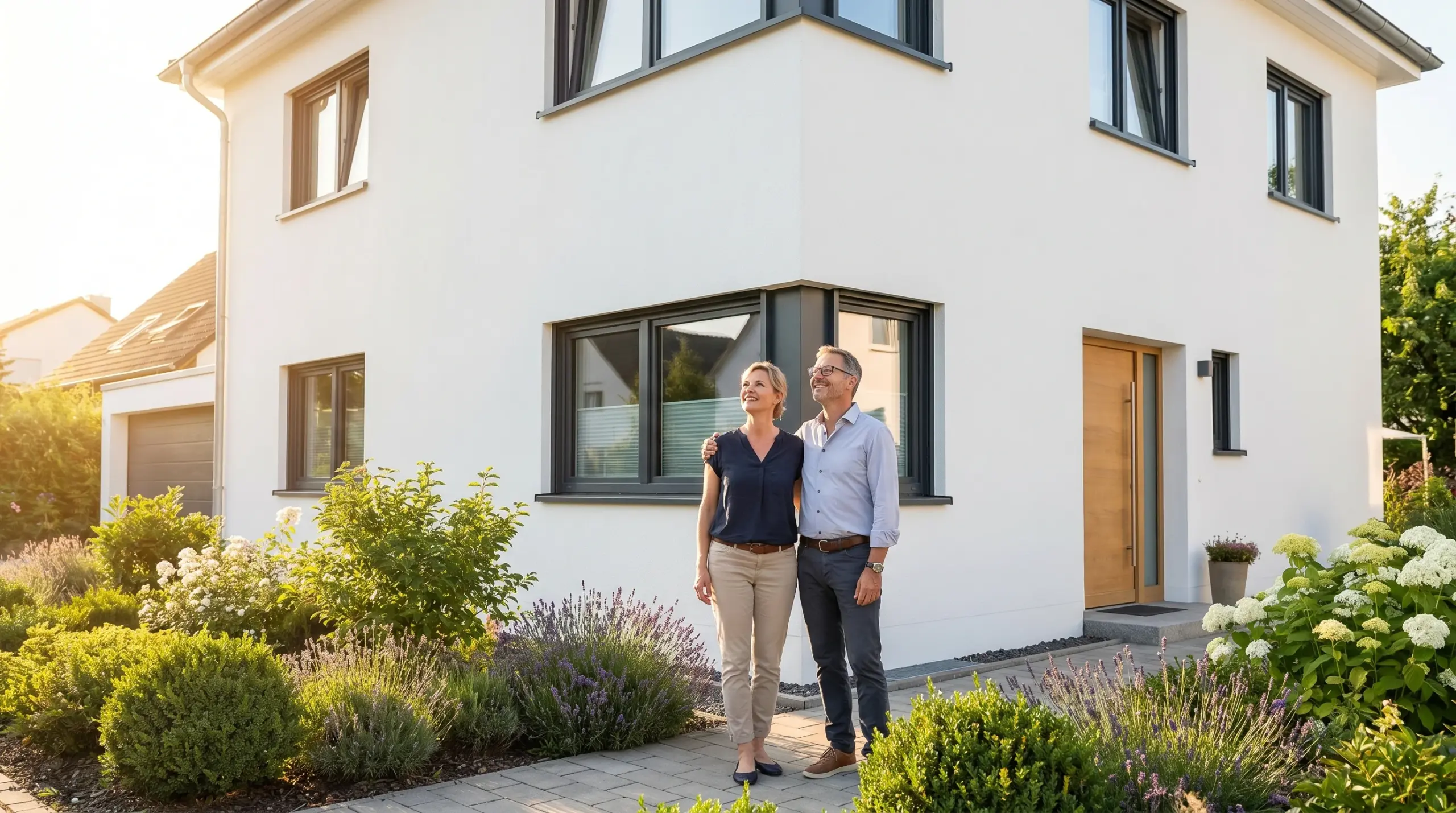 Fassadendämmung Kosten – Zufriedene Hausbesitzer vor neu gedämmter Fassade