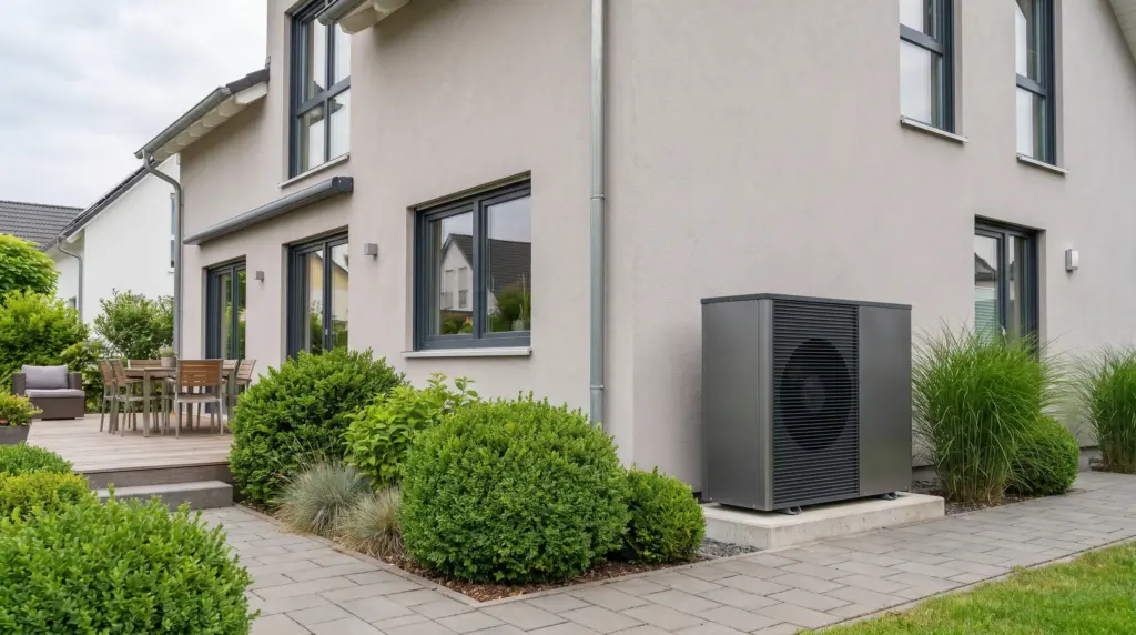 BAFA Förderung Heizung – moderne Wärmepumpe an einem Einfamilienhaus installiert