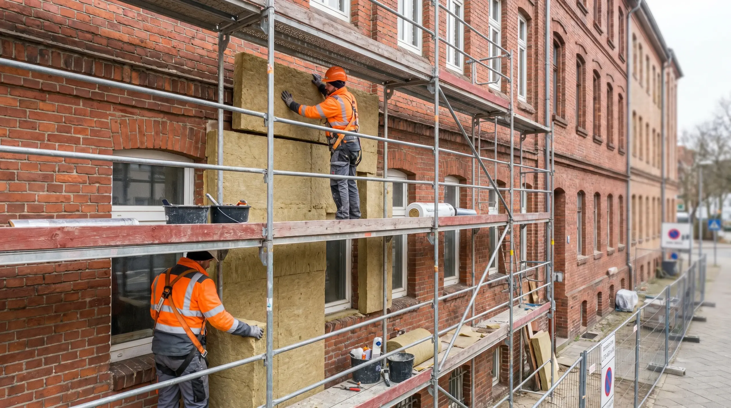 Altbau sanieren – Handwerker verlegen Dämmplatten an Altbau-Fassade