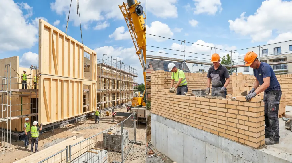 Fertighaus vs. Massivhaus: Baustelle mit Holzrahmenkonstruktion und Ziegelmauerwerk im Vergleich