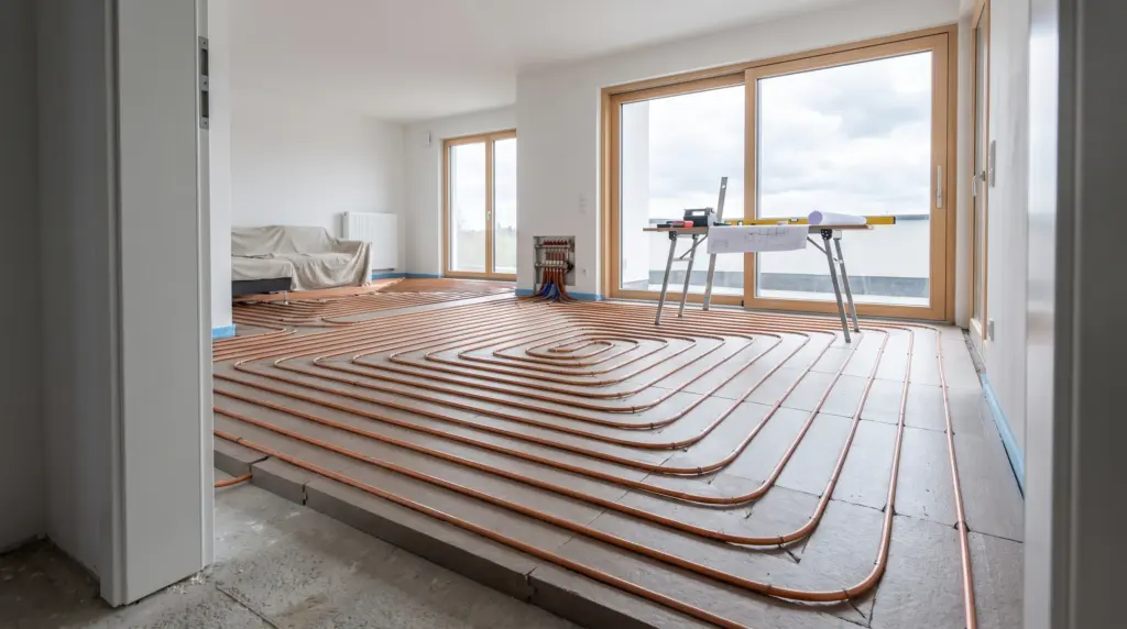 Fußbodenheizung nachrüsten – Heizrohre auf Dämmplatten im Wohnzimmer