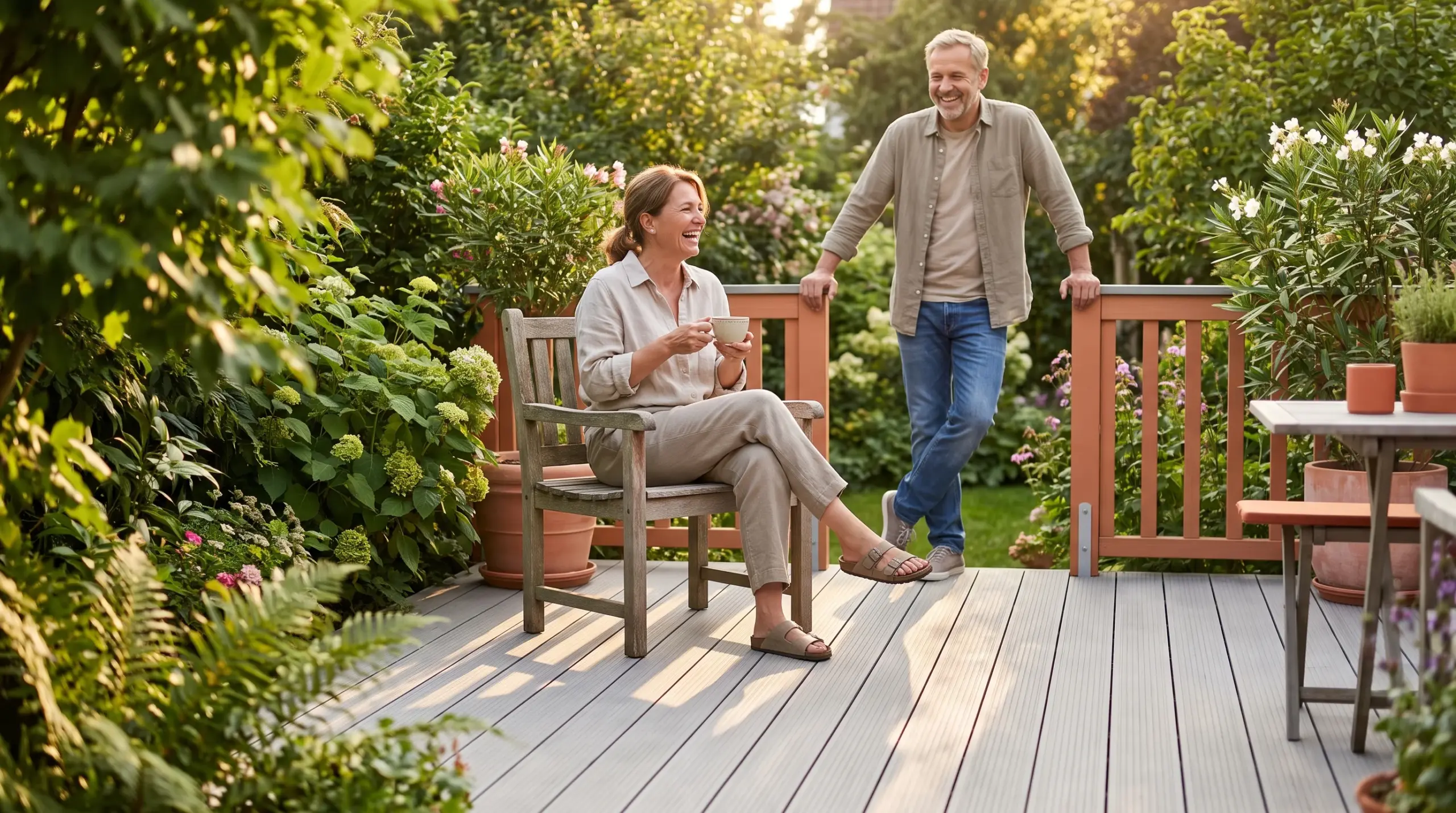 Fertige Terrasse nach dem Verlegen von Terrassendielen – Hausbesitzerpaar genießt Garten