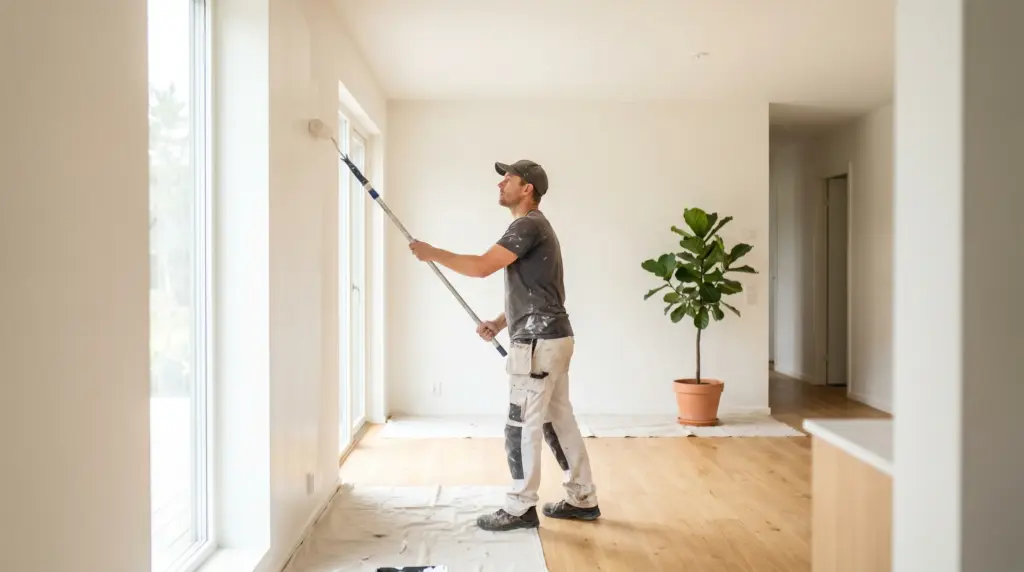 Wand streichen Tipps – Maler trägt Wandfarbe mit Rolle auf im Wohnzimmer