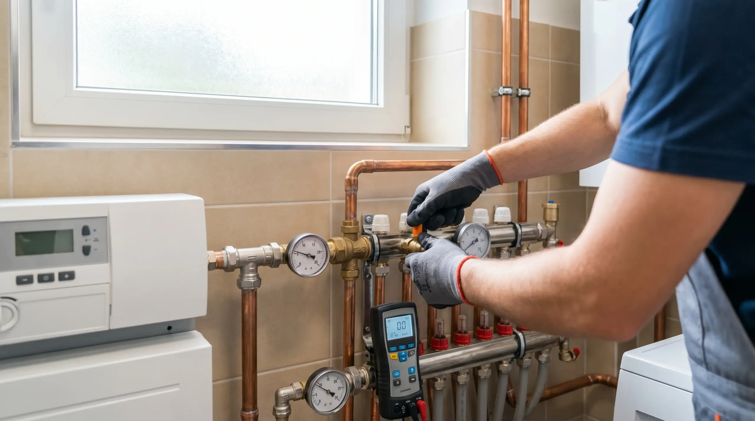 BAFA BEG Einzelmaßnahmen – Handwerker führt hydraulischen Abgleich an Heizungsanlage durch