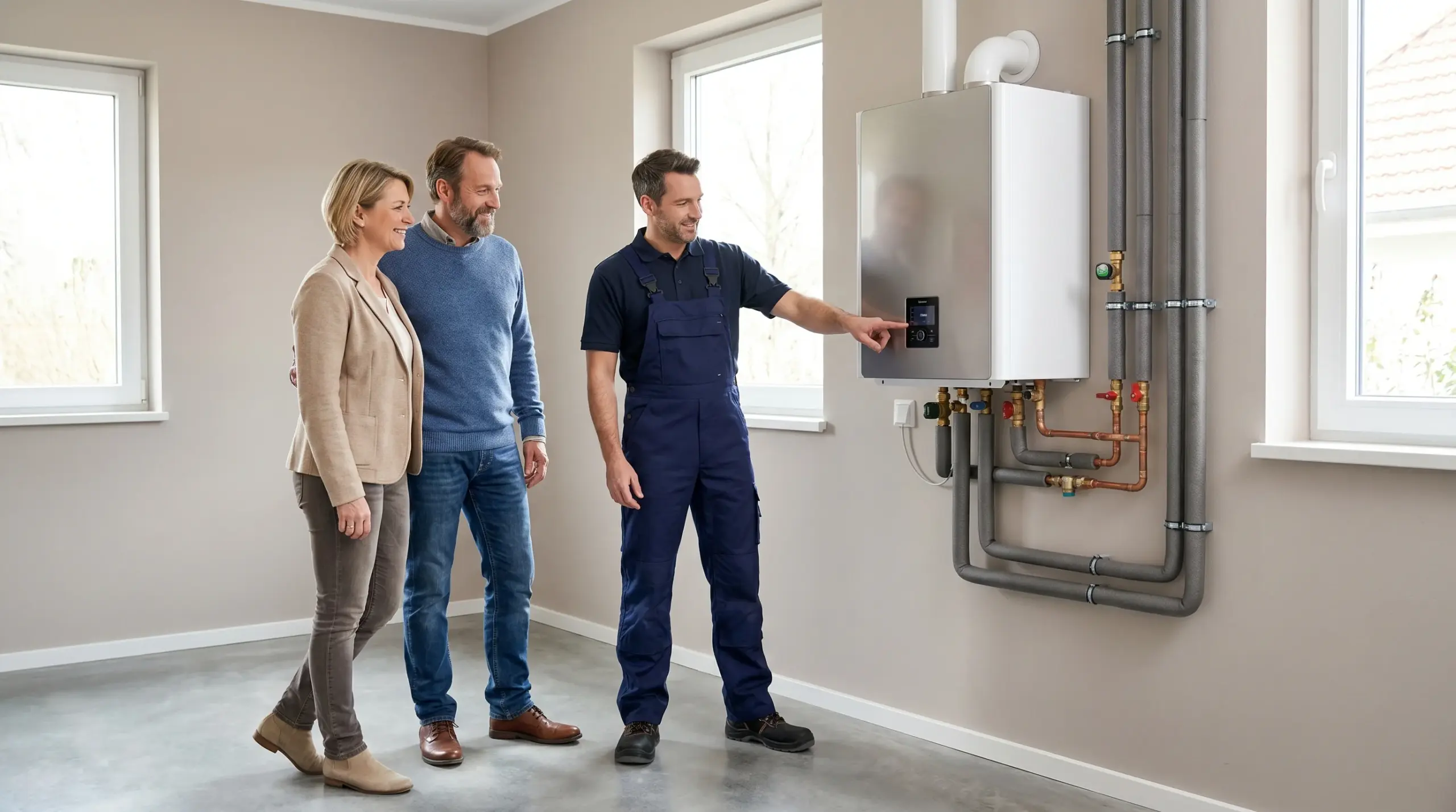 Klempner beauftragen: Hausbesitzer und Sanitärinstallateur bei Abnahme neuer Heizungsanlage